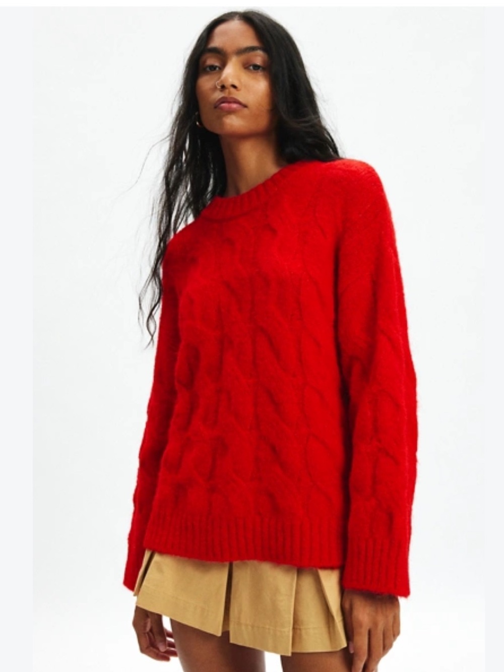 American Eagle Outfitters Red Cable Knit Crew Sweater